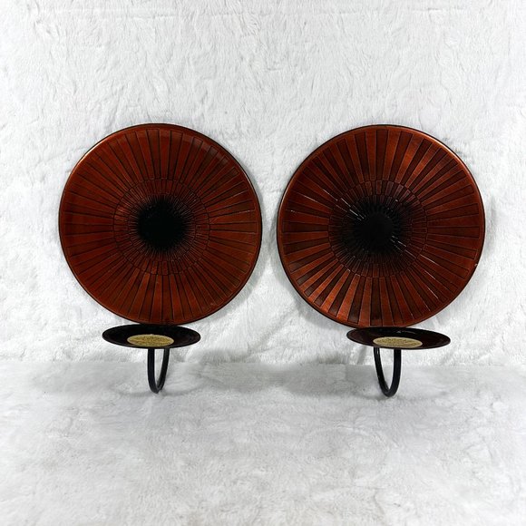 Pair Of Vintage Copper Candle Holders Geometric Abstract Design Wall Decor MCM